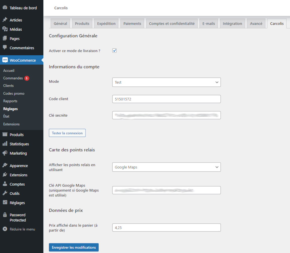Capture d'écran du back office Woocommerce pour configurer Carcolis.