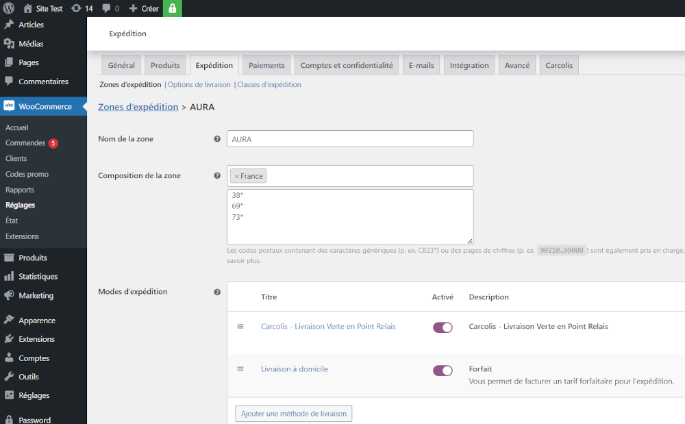 Capture d'écran du back office Woocommerce pour configurer la zone de livraison.