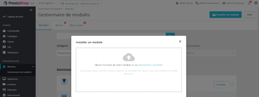 Capture d'écran du back office Prestashop pour installer un module.