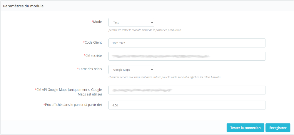 Capture d'écran du back office Prestashop pour configurer Carcolis.