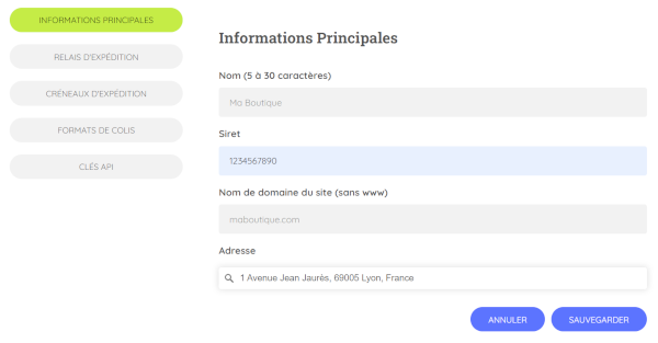 Capture d'écran de l'étape 1 du formulaire pour créer une boutique sur la plateforme Carcolis.