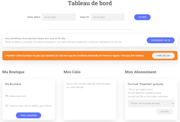 Capture d'écran du tableau de bord pour un client sur la plateforme Carcolis.