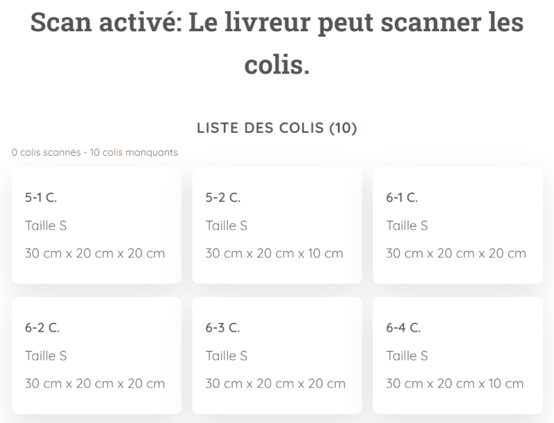 Capture d'écran de la page "scan des colis" lorsqu'il est activé par le Relais